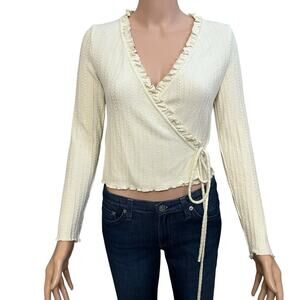 Mango Pointelle Knit Wrap Top XS Cream Cropped Ruffle Balletcore Coquette Preppy